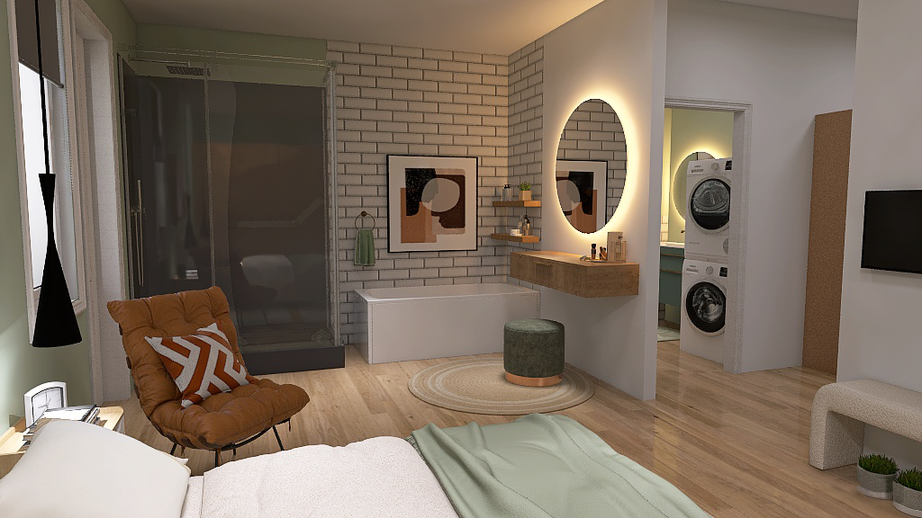 Concept décoration 3D  visualisation condo aire chambre style transitionnel moderne